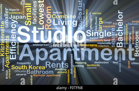 Hintergrund-Konzept Wordcloud Illustration der gleißenden Licht Studio-apartment Stockfoto