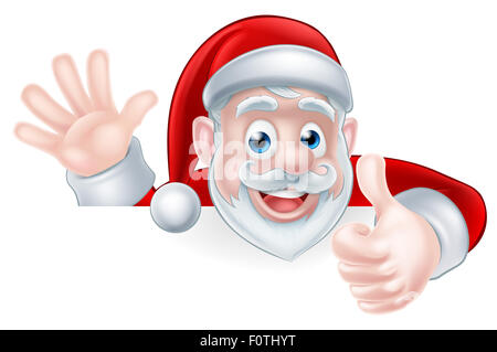 Ein Beispiel für einen Cartoon Weihnachtsmann winken und einen Daumen aufgeben, während peeking über ein Zeichen Stockfoto