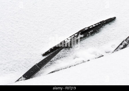 Detail der Auto-Frontscheibe mit Schnee bedeckt Stockfoto
