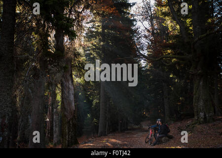 Mountainbiker und Wanderer in der gemischten alten Wachstum Fichte (Picea Abies) und gemeinsame (Fagus Sylvatica) Buchenwald des Standortes Tarcu Gebirge Natura 2000. Südkarpaten, Muntii Tarcu Caras-Severin, Rumänien, Oktober 2012 Stockfoto