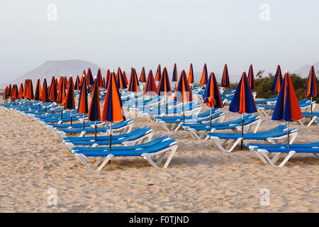 Linie der liegen und Sonnenschirme am Sandstrand Stockfoto