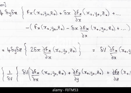 Handschriftliche Notizen Studie für Mathematik mit Gleichungen für die Divergenz der Vektorfelder Stockfoto