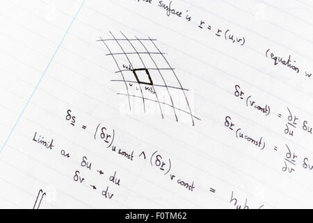 Oberfläche Integration Gleichungen und Diagramm handschriftlich auf Liniertes Papier Stockfoto