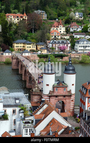 Heidelberger Marktplatz Heiliggeistkirche Heiligen Geistes Ansicht Turm sterben Bruckentor mittelalterliche Brücke Tor Fluss neckar Stockfoto