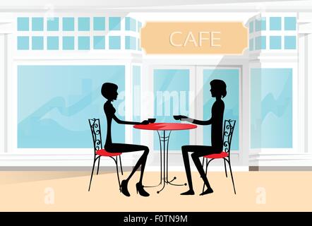 Paar sitzen Cafe Tisch trinken Kaffee romantische Liebe Silhouetten aus Stock Vektor