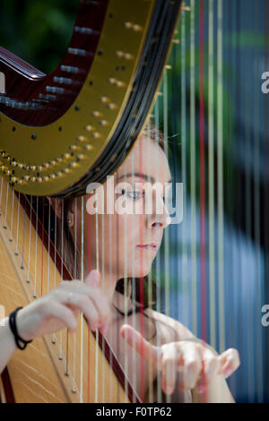 Junge Harfenistin spielen mit dem Norfolk County Youth Orchestra bei einem Konzert im Forum, Norwich. Stockfoto