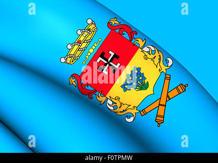 3D Flagge von Linares, Chile. Hautnah. Stockfoto