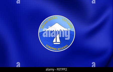 3D Flagge von Los Lagos Region, Chile. Hautnah. Stockfoto