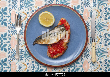 Pan gebratene Makrele und Tomaten Brot. Stockfoto