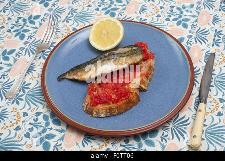 Pan gebratene Makrele und Tomaten Brot. Stockfoto