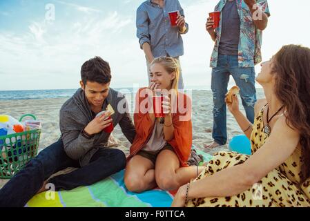 Gruppe von Freunden mit Picknick am Strand Stockfoto