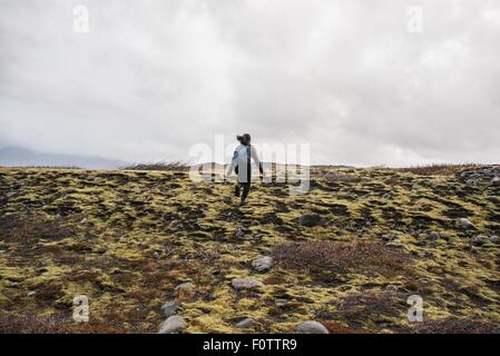 Rückansicht des weiblichen Touristen quer durch Moorlandschaften, Skaftafell, Island Stockfoto