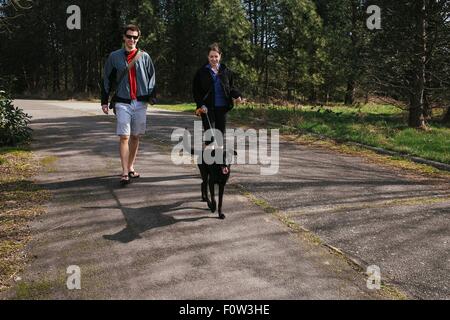 Paare, die einen Hund im sonnigen park Stockfoto