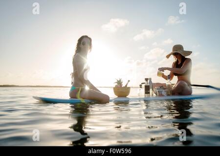 Zwei junge Frauen, die Zubereitung der Cocktails am Paddleboard, Islamorada, Florida, USA Stockfoto