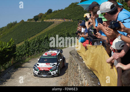 Kluesserath, Deutschland. 21. August 2015. Motorsport: Rallye Deutschland WM 9. Runde: Kris Meeke aus Großbritannien Und Paul Nagle aus Irland cruise in ihre Citroen DS3 WRC in der Wertungsprüfung der Mittelmosel durch in den Weinbergen bei Kluesserath, Germany, 21. August 2015. Foto: THOMAS FREY/Dpa/Alamy Live News Stockfoto