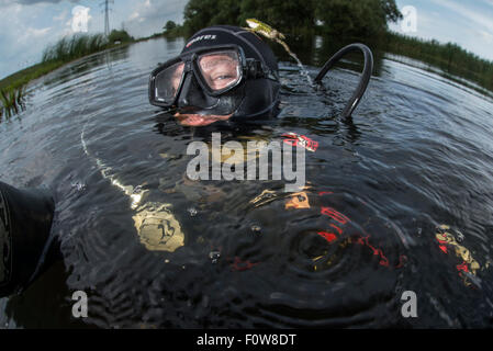 Pool-Frosch (außer Lessonae) springt auf Fotograf Magnus Lundgren, Crisan, Donaudelta, Rumänien, Juni 2013. Stockfoto
