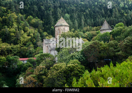 Historische Steintürme eingebettet in üppig grünen Wald in einer malerischen Landschaft Stockfoto