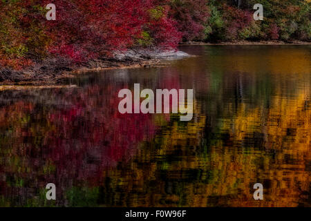 Die schönen Farben der Herbstsaison spiegeln sich in einem See in den späten Nachmittag. Stockfoto