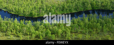 Luftaufnahme der Fluss fließt durch Taiga, Sjaunja Vogel-Schutzgebiet, Greater Laponia Verwilderung Area, Lappland, Norrbotten, Schweden, Juni 2013. Stockfoto