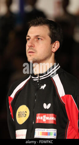 Düsseldorf, Deutschland. 21. August 2015. Champions-League-Tischtennis. Borussia Düsseldorf gegen Bogoria Grodz. Dusseldorfs weltweit die Nummer 7, Timo Boll (GER). Bildnachweis: Aktion Plus Sport/Alamy Live-Nachrichten Stockfoto