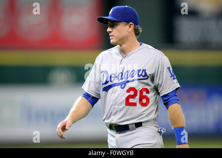 Houston, Texas, USA. 21. August 2015. Los Angeles Dodgers Designated Hitter Chase Utley (26) vor dem MLB Baseball interleague Spiel zwischen der Houston Astros und die Los Angeles Dodgers von Minute Maid Park in Houston, Texas. Das Spiel war Utley zunächst als Mitglied der Dodgers. Kredit-Bild: Erik Williams/Cal Sport Media. Stockfoto