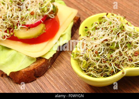 Frisch zubereitete vegetarische Sandwich und grüne Schale mit Luzerne und Radieschen Sprossen auf Holztisch liegend, Stockfoto