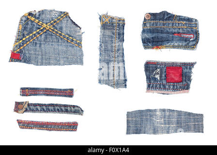 Isolierte abgenutzte Jeans Patches Sammlung Stockfoto