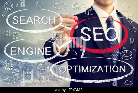 Geschäftsmann, SEO Konzept Bläschen mit Karikatur Zeichnung Stockfoto