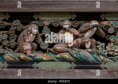 Die drei weisen Affen, Geschichtliches, Nikkō, Präfektur Tochigi, Japan. Stockfoto