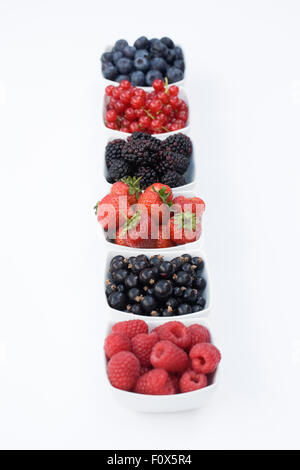 Redcurrants, Blackcurrants, Blackberries, Strawberries, Raspberries and Blueberries in white bowls on a white background. Stockfoto