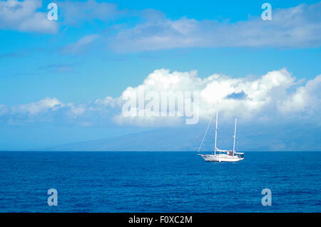 Segelboot vor der Küste von Maui, Hawaii, mit Lanai im Hintergrund. Blauer Himmel, Blaues Wasser, weiße Segelboot, USA Stockfoto