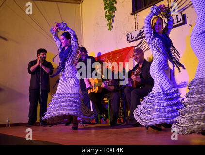 Spinnerei Flamenco-Tänzerinnen auf der Bühne in der Nacht in einem Innenhof in Cordoba Spanien Stockfoto