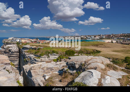 Bondi Beach genommen von den Klippen am Golfplatz North Bondi Stockfoto