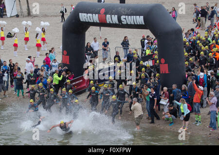 Budapest. 22. August 2015. Teilnehmer starten in konkurrieren schwimmen während der Ironman 70.3-Rennen in Budapest, Ungarn am 22. August 2015. Das Rennen erhielt 8000 Einträge aus 50 Ländern und Regionen. Bildnachweis: Attila Volgyi/Xinhua/Alamy Live-Nachrichten Stockfoto