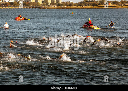 Kopenhagen, Dänemark, 23. August 2015. Professionelle Triathleten tritt das Wasser für die 3,8 km Schwimmen-Bühne in KMD Ironman Kopenhagen. Einige 3000 Atlethes aus 57 Ländern teilgenommen. Bildnachweis: OJPHOTOS/Alamy Live-Nachrichten Stockfoto