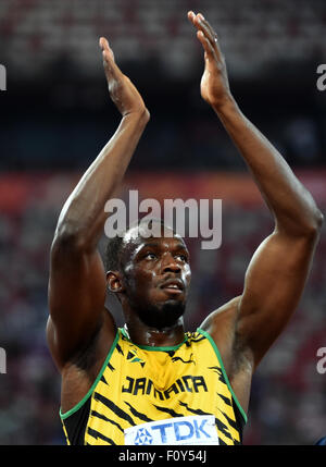 Peking, China. 23. August 2015. Usain Bolt aus Jamaika feiert nach die Männer 100m-Finale bei den IAAF Weltmeisterschaften 2015 in Peking, Hauptstadt von China, am 23. August 2015. Bildnachweis: Xinhua/Alamy Live-Nachrichten Stockfoto