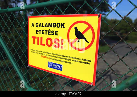 Nicht füttern der Tauben-Zeichen in ungarischer Sprache, am Eingang zum Kos Karoly Park, Wekerle, Kispest, Budapest, Ungarn Stockfoto