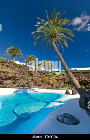 Jameos del Agua auf Lanzarote Pool, Palmen und tropischen Pflanzen Lanzarote Kanarische Inseln Spanien Stockfoto