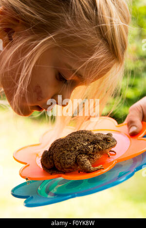 Kind blondes Mädchen Blick auf Hinterhof Frosch Stockfoto