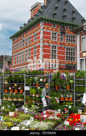 Blume Stände auf dem La Batte Sonntagsmarkt in Lüttich, Belgien Stockfoto