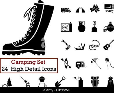 Set von 24 Camping Icons in schwarzer Farbe. Stock Vektor