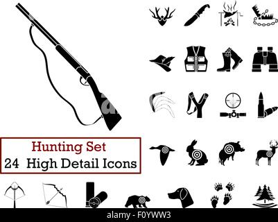 Set von 24 Jagd-Icons in schwarzer Farbe. Stock Vektor