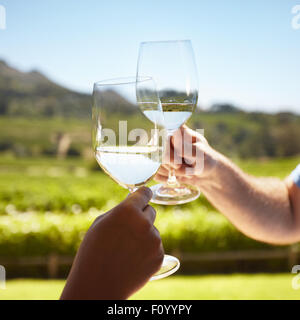 Nahaufnahme von Händen Toasten Wein im Freien. Wir feiern mit Weißwein mit Weinberg im Hintergrund. Stockfoto