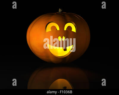 Ein Halloween-Kürbis, oder Jack O'Lantern, auf einer schwarzen reflektierenden Oberfläche. Stockfoto