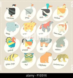 Flaches Design-Vektor-Tiere-Icon-Set. Zoo-Kinder cartoon-Sammlung. Stock Vektor