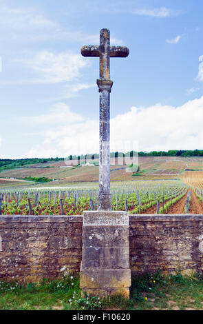 Das Kreuz markiert die Romanée-Conti-Weinberge in Vosne-Romanée, Burgund, Frankreich Stockfoto