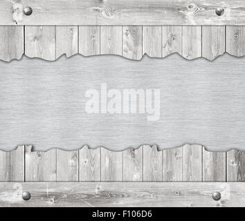 Komposition aus Metall Aluminium Plaque, Typenschild und Holzwand Planken Stockfoto