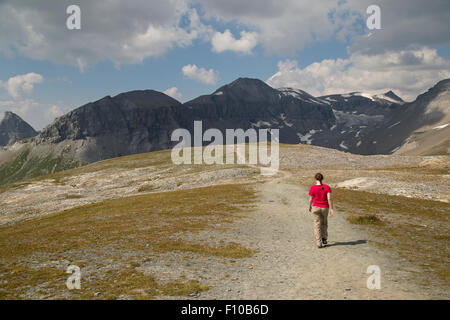 Ein junger Wanderer zu Fuß in den Schweizer Alpen Stockfoto