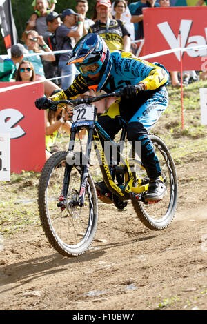 Val Di Sole, Italien - 22. August 2015: Lapierre Schwerkraft Republik Teamfahrer Vergier Loris in Aktion während der Mens Elite Downhill letzten WM bei der Uci Mountain Bike im Val di Sole, Trento, Italien Stockfoto