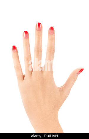 Femail Hand mit rot bis rosa Ombre Nagellack auf weißem Hintergrund Stockfoto